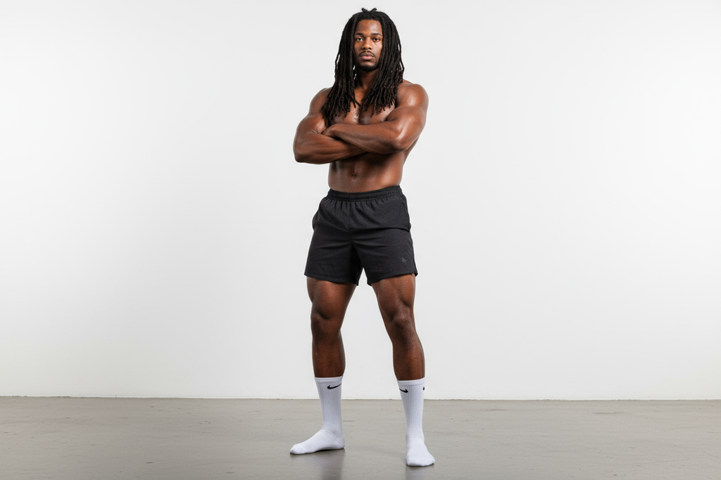 A big Athletic black man with dreadlocks standing with Nike Socks