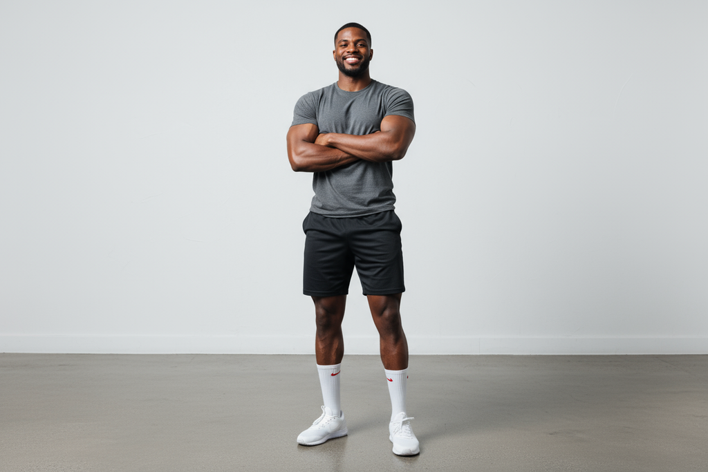 Big Athletic black man standing in shorts with Nike Socks on hos feet