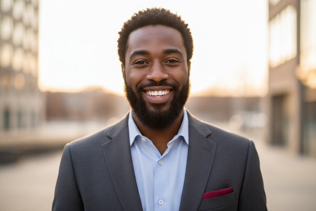Handsome tall bearded black man looking straight forward with a smile