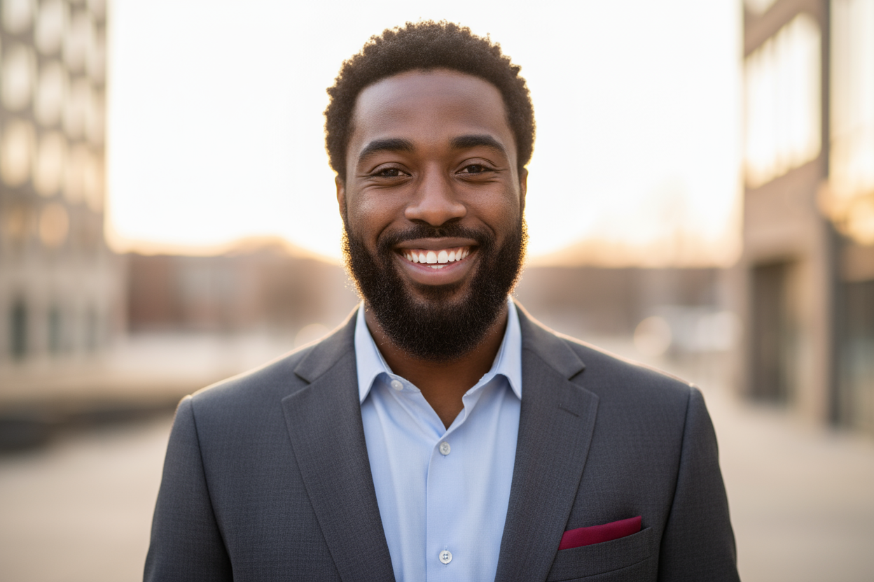 Handsome tall bearded black man looking straight forward with a smile